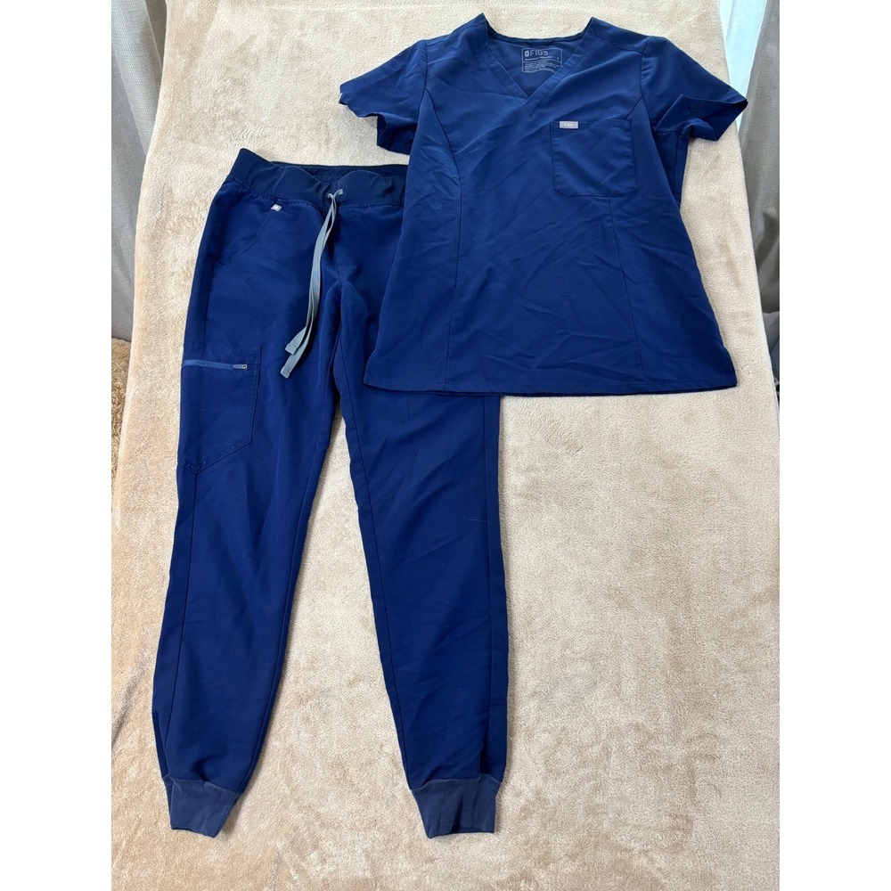 FIGS Technical Scrub Set Navy Blue V-Neck Top S Jogger Pants XS W22SW1014